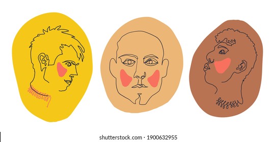 Set of face men line art. Face drawing. Contemporary portrait. Portrait male. Creative design for social media apps. Minimal simple vector. Beauty and fashion concept.