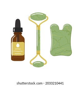 Gesichtsölsatz, Gua-Sha-Stein und Roller sind aus grünem Jade. Pflegeprogramm für Schönheitspflegeprodukte. Chinesisches Hautpflegekonzept. Handgezeichnete Vektorgrafik.