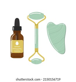 Set of face oil, gua sha stone and roller are made of mint aventurine. Home beauty skin care routine. Chinese skin care concept. Hand drawn vector illustration.