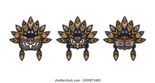 Set of face of an owl with Indian feathers. Owl from patterns. Good for prints. Vector 