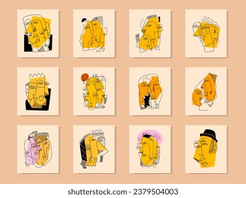 Set of face portrait abstraction wall art vector illustration design. Creative shapes and lines graphic with textured geometric.