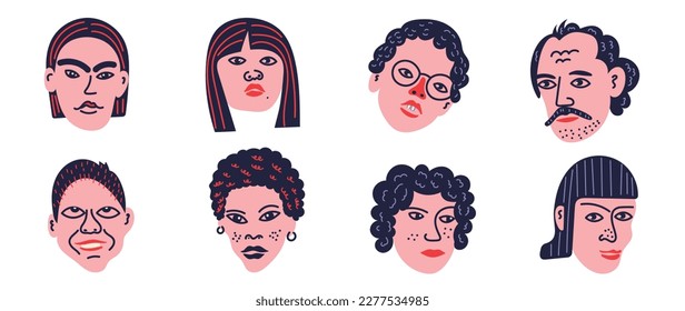 Set of face portrait cute funny character vector. Hand drawn collection of people, different hairstyle, gender, girl, man. Diverse people design for print, logo, icon, emoji, poster, card, branding.