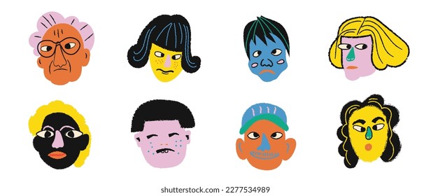 Set of face portrait cute funny character vector. Hand drawn collection of people, different hairstyle, gender, girl, man. Diverse people design for print, logo, icon, emoji, poster, card, branding.