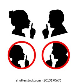 Set of face profiles with hands, shhh icon isolated on white, please keep quiet sign