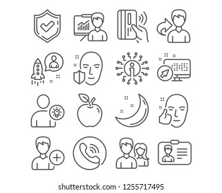 Set of Face protection, Healthy face and Couple icons. Contactless payment, Startup and Add person signs. User idea, Presentation and Identification card symbols. Vector