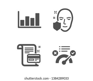Set of Face protection, Payment card and Report diagram icons. Correct answer sign. Secure access, Agreement conditions, Financial market. Approved.  Classic design face protection icon. Flat design