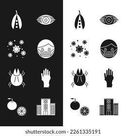 Set Face in protective mask, Bacteria, Kidney beans, Reddish eye allergic conjunctivitis, Parasite mite, Hand with psoriasis or eczema, Medical hospital building and Orange fruit icon. Vector