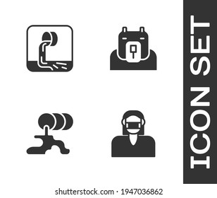 Set Face in protective mask, Wastewater, Barrel oil leak and Polar bear head icon. Vector