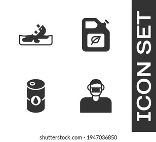 Set Face in protective mask, Wrecked oil tanker ship, Barrel and Bio fuel canister icon. Vector