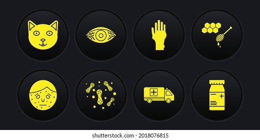 Set Face with psoriasis or eczema, Honeycomb honey dipper, Bacteria, Emergency car, Hand, Reddish eye allergic conjunctivitis, Medicine bottle pills and Pet icon. Vector