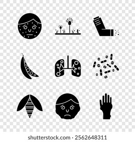 Set Face with psoriasis or eczema, Mold, Inhaler, Bee, Inflammation on face, Hand, Kidney beans and Lungs icon. Vector