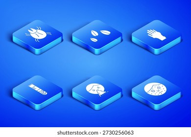 Set Cara con psoriasis o eccema, ácaro parásito, pañuelo a su nariz mocosa, frasco de tubo de ensayo, semillas de sésamo e icono. Vector
