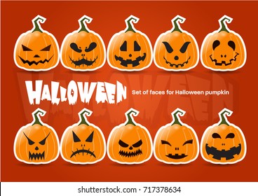 Set of face pumpkin for Halloween. Vector.