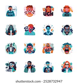 Set of Face Reactions Flat Style Stickers 

