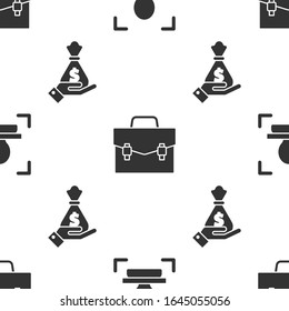 Set Face recognition, Briefcase and Hand holding money bag on seamless pattern. Vector