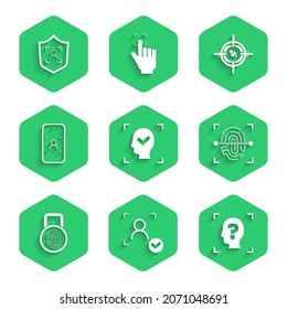 Set Face recognition, Fingerprint, with lock, Mobile and face, Eye scan and Shield icon. Vector