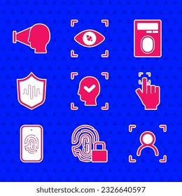 Establecer reconocimiento de cara, huella dactilar con bloqueo, exploración de huellas digitales móviles, voz de escudo e icono. Vector