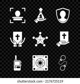 Set Face recognition, Hand holding money bag, User protection, Walkie talkie, Safe, Handcuffs, Oath the Holy Bible and Hexagram sheriff icon. Vector