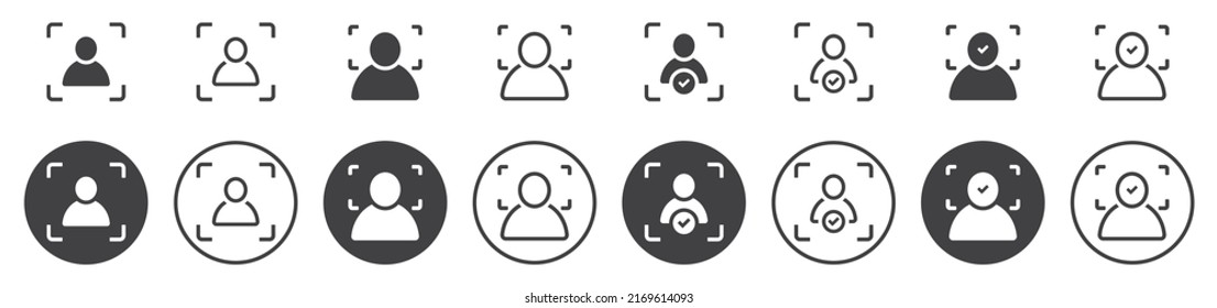Set von Bilderkennungssymbol. Abtasten des Bildgesichts aus Sicherheitsgründen. Biometrische Bildsymbole. Genehmigte Gesichtserkennungssymbol, Cybersicherheitskonzept. Vektorgrafik.