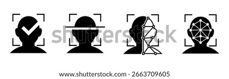 Set of face recognition icon, identity system recognize. Biometric human analysis vector symbol. Representing AI, deep learning, and biometric analysis.