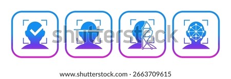 Set of face recognition icon, identity system recognize. Biometric human analysis vector symbol. Representing AI, deep learning, and biometric analysis.