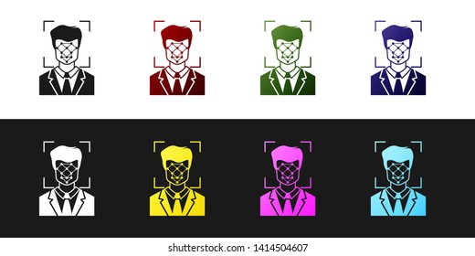 Set Face recognition icon isolated on black and white background. Face identification scanner icon. Facial id. Cyber security concept. Vector Illustration