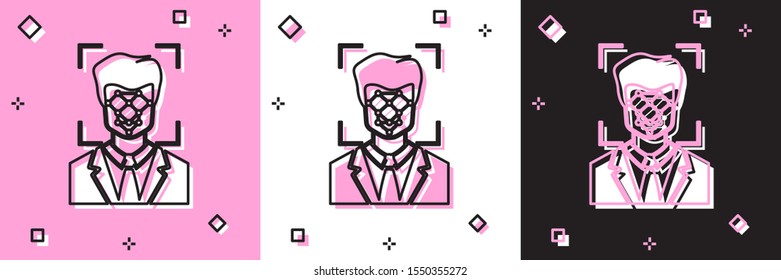 Set Face recognition icon isolated on pink and white, black background. Face identification scanner icon. Facial id. Cyber security concept.  Vector Illustration