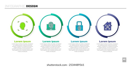 Conjunto de reconocimiento facial, portátil con huella digital, bloqueo de huellas dactilares e identificación inteligente de la cara del hogar. Plantilla de infografía empresarial. Vector