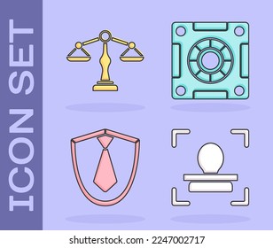 Set Face recognition, Scales of justice, Tie and Safe icon. Vector
