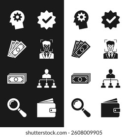 Set Face recognition, Stacks paper money cash, Human head with gear inside, Approved and check mark,  and Referral marketing icon. Vector