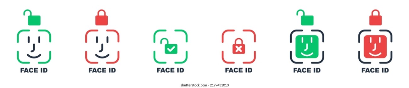 Set Of Face Recognition Vector Icons. Unlock Phone From Face Scanning. Facial Identification System. Vector 10 ESP.