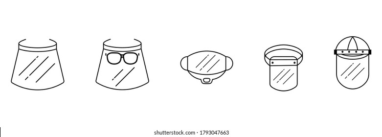 Set of Face Shield Thin Icon. Transparent Plastic Mask Icon. Vector Design Illustration.