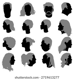 Conjunto de siluetas faciales, negro y gris. Ilustración vectorial