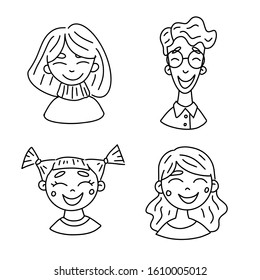 A set of face sketches. Hand drawing with funny girls and a guy. Image or icon for the site.