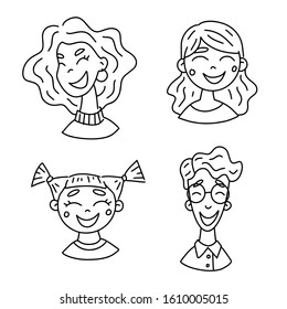 A set of face sketches. Hand drawing with funny girls and a guy. Image or icon for the site.