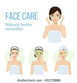 Set of face skin care with natural home remedies. Vector stock illustration.