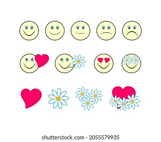 set of face symbols with emotions, simple vector icons for joy, sadness, love, icon set isolated on white background with hearts and flowers for web 