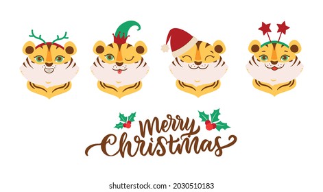 The set of face tigers is good for Merry Christmas and Happy New Year designs. The heads cartoonish animals and holiday quote is good for logos 2022. The vector illustration