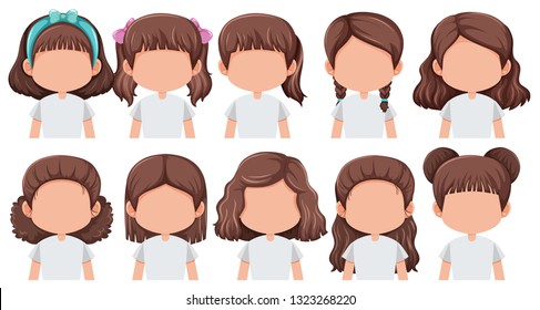 Set of faceless brunette girl character illustration
