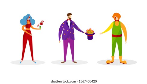 Set of Faceless Characters in Costumes for Show or Entertainment in Circus Isolated on White Background. Man and Woman Clowns, Male Magician with Top Hat. Cartoon Flat Vector Illustration. Clip Art.