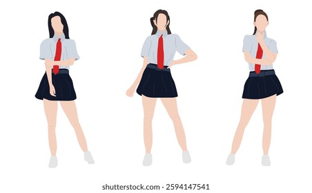 set of faceless flat characters of popular beautiful schoolgirls wearing uniforms. popular girl posing while wearing a uniform. a beautiful female model