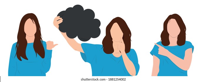 Set of faceless girls isolated on white background pointing on something and holding speech bubble, flat illustration for advertisement