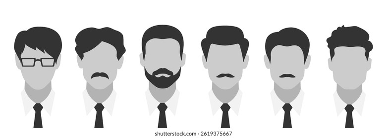 Set of faceless men silhouettes in ties. Businessmen avatar emblems. Vector illustration