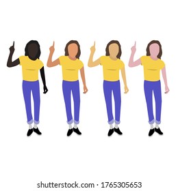 Set of faceless silhouettes of girls of different nationalities. In the illustration, the girl indicates her conclusion, an idea