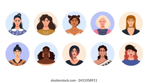 A set of faces, avatars of female characters in a round frame. Circles with portraits of young women of different nationalities. A set of user profiles. Vector cartoon illustration in a flat style