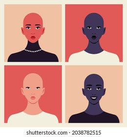 Set of faces of bald young women. Alopecia and hair loss. Oncology and trichology. Vector flat Illustration