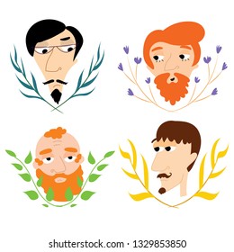 set of faces of bearded men with floral frames