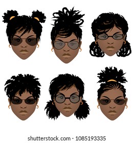 Set of faces of black girls with different hairstyles and in sunglasses. Vector illustration.