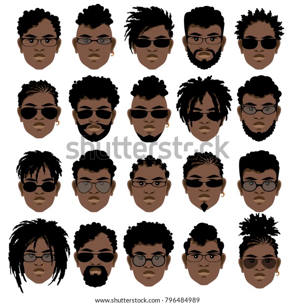Set Faces Black Men Different Hairstyles Stock Vector