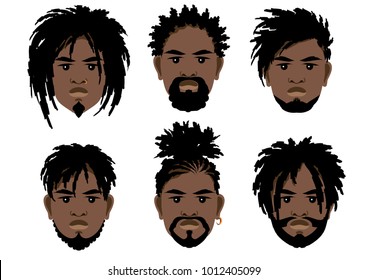 Set of faces of black men with dreadlocks and beards. Vector illustration.